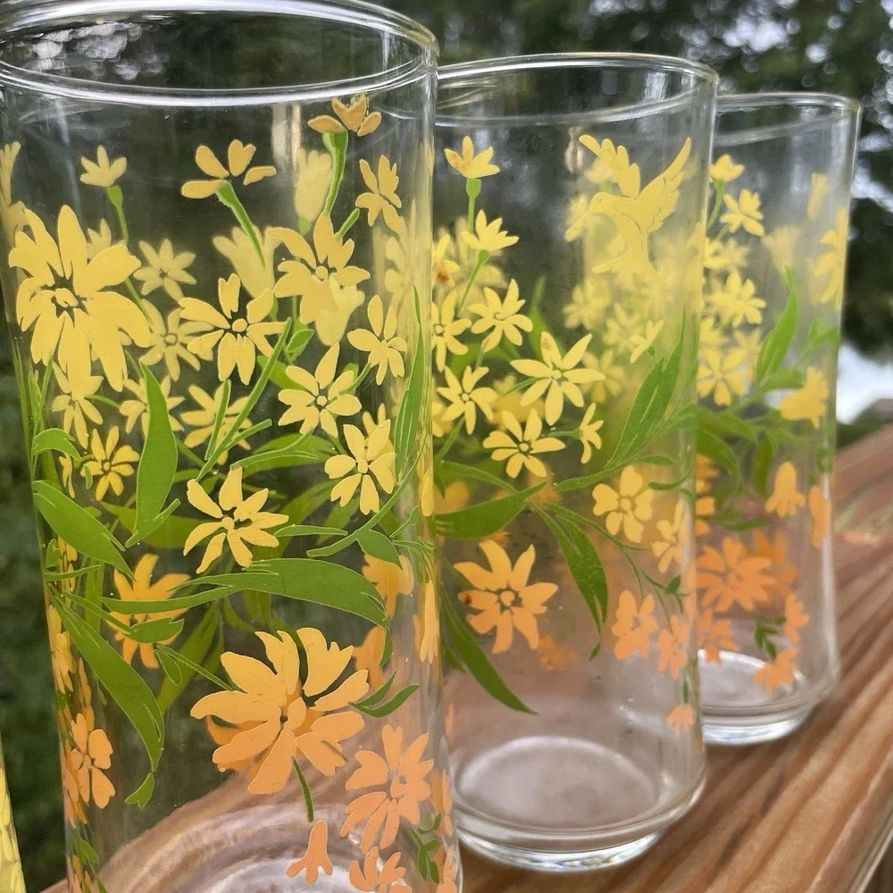 Vintage Hummingbird Floral Drinking Glasses Set 4 Yellow Orange Retro Tumblers
